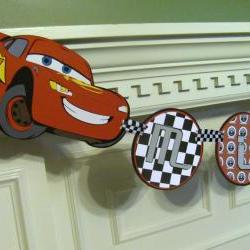 Cars Birthday Banner with Personalized Name Banner featuring Lightning McQueen & Mater